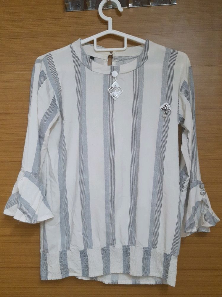 Striped Off-white Casual T-shirt With Bell Sleeves