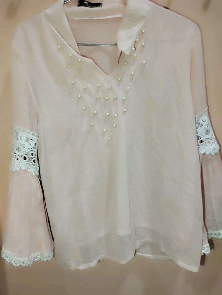 Peachy Sheer Top With Beads Detail