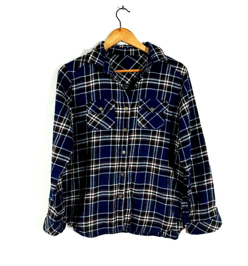 Navy Blue Checks Shirt Style Top For Women's