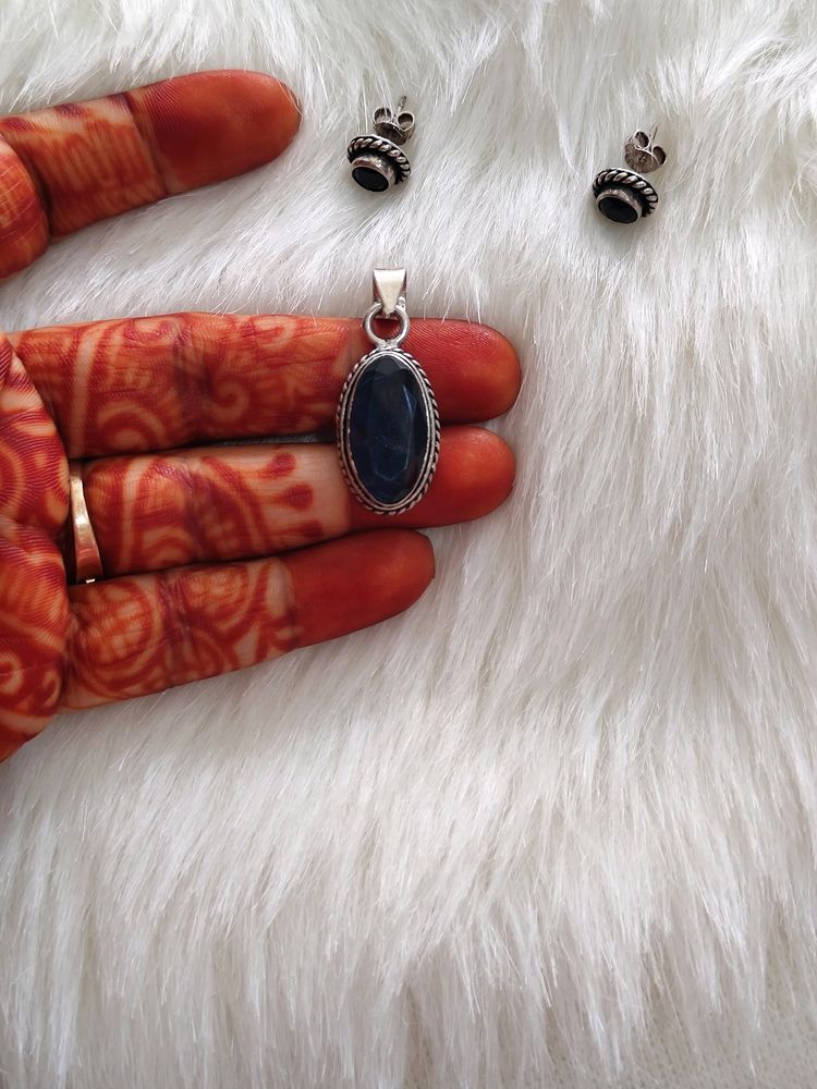 925 Silver Sapphire Stone Pendant Set Wth Hallmark