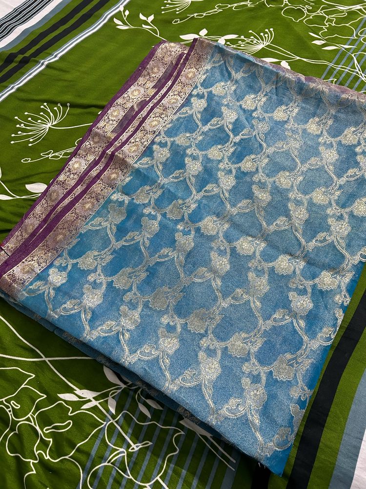 Blue Banarasi Tissue Saree With Silver Jari