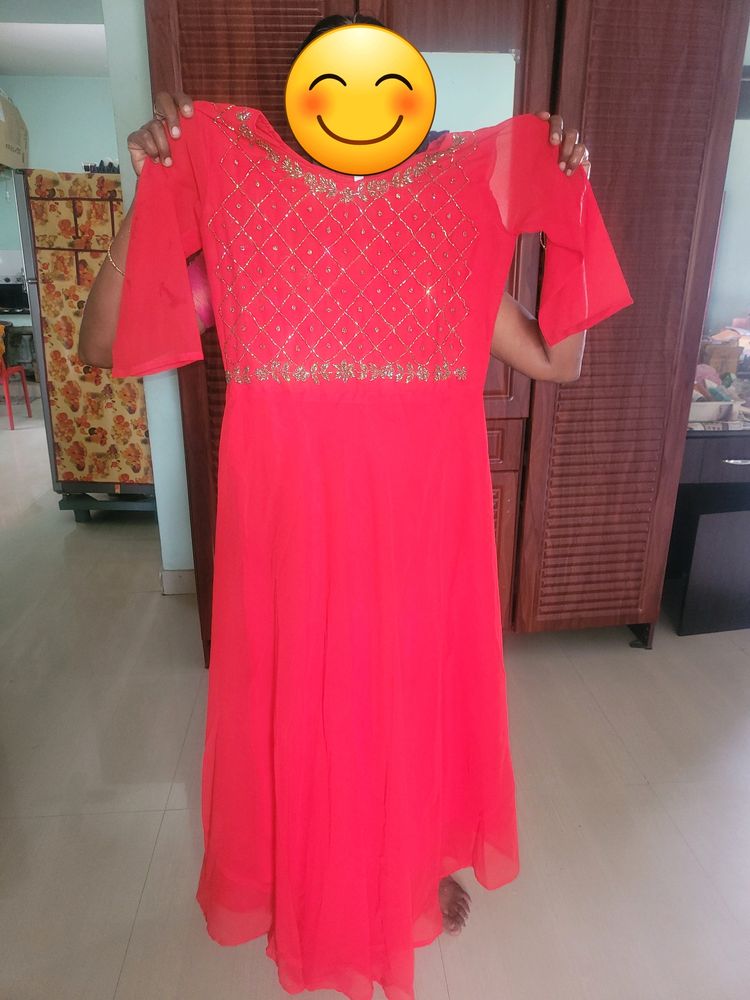 Long Kurta Gown With Beads Work,Dupatta