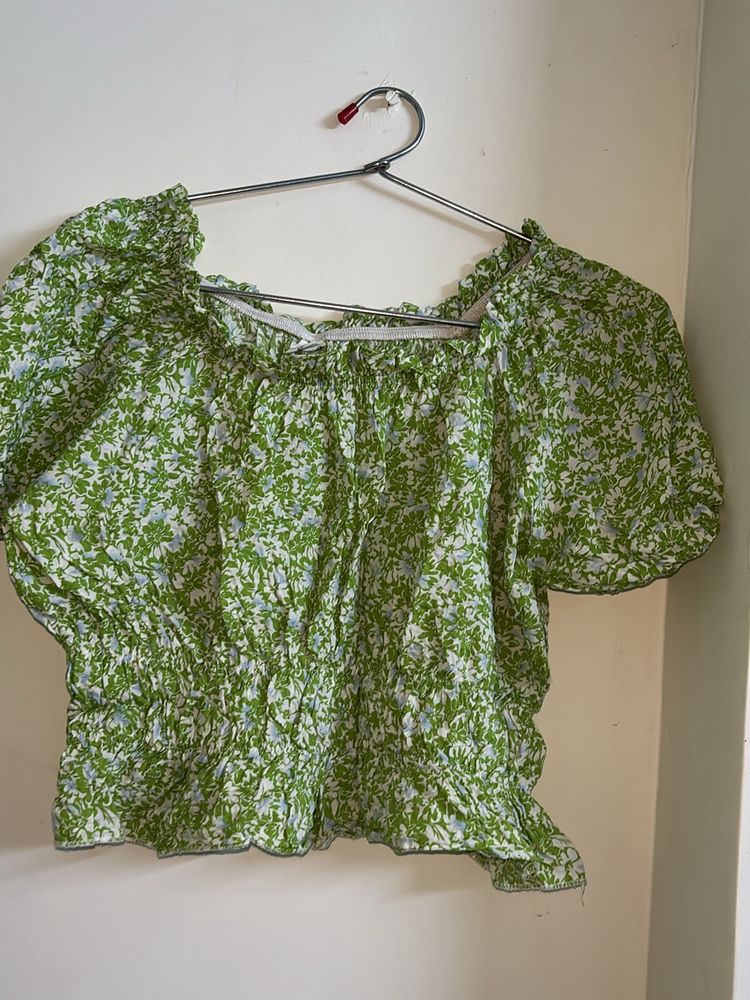 Green Flower Print Crop Top