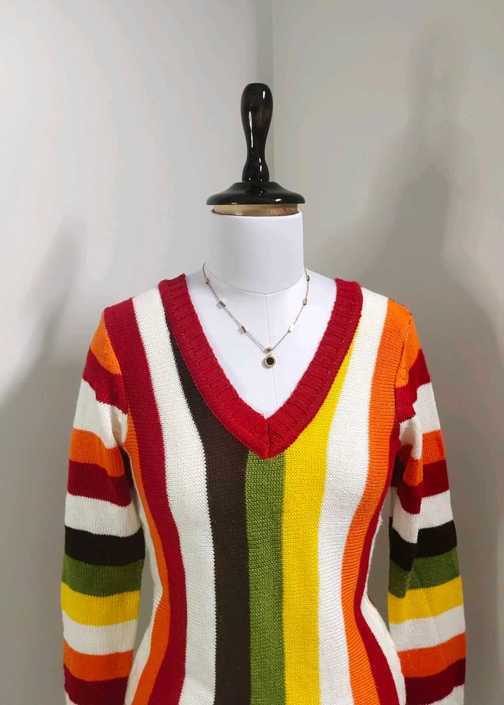 Rainbow Striped V Neck Sweater