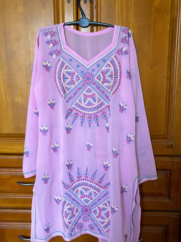 Georgette Pink Chikankari Kurta