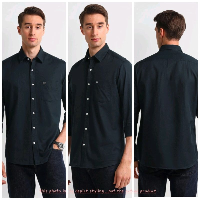 Bare Denim Men Spread Collar Solid Green Shirt