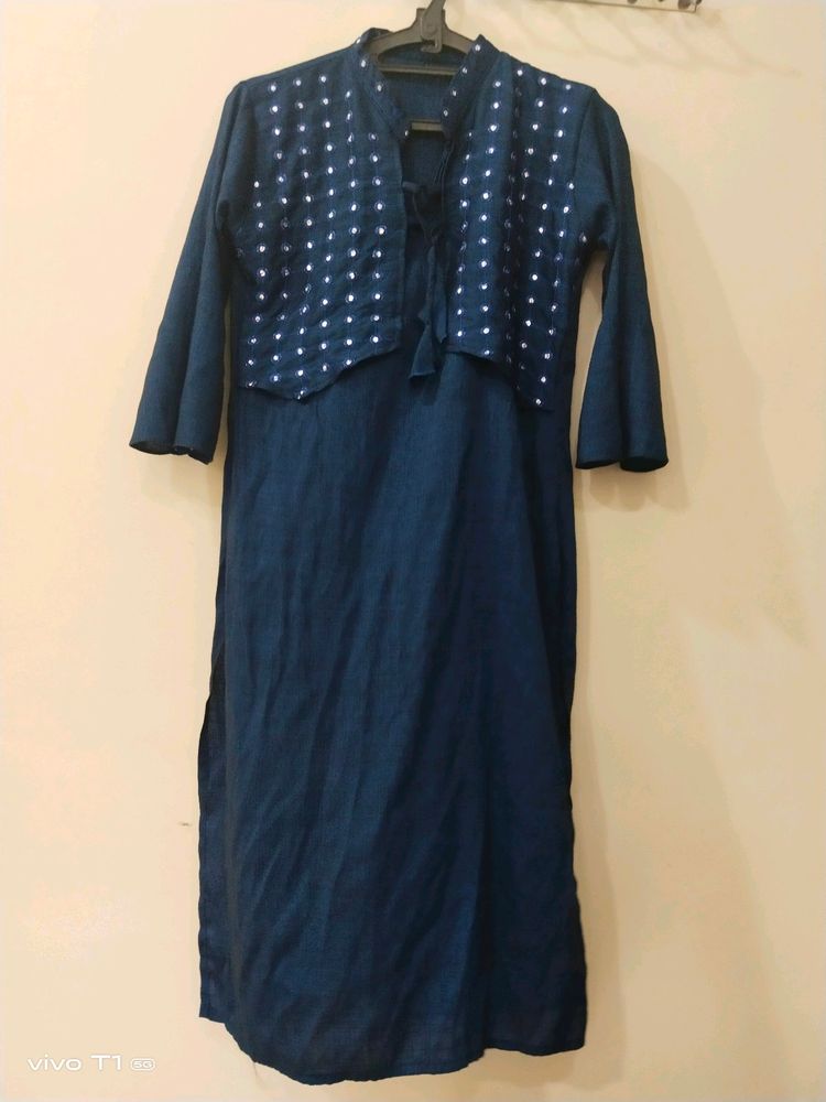 Denim Look Attached Jacket Kurta For Women M