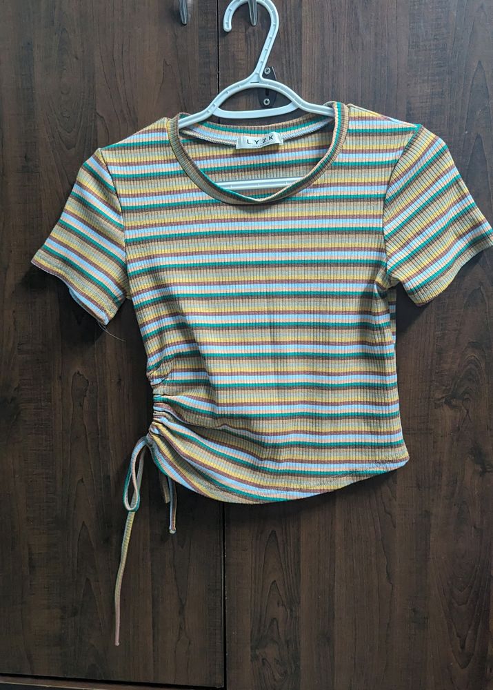 Striped Ribbed Top With Tie Detail