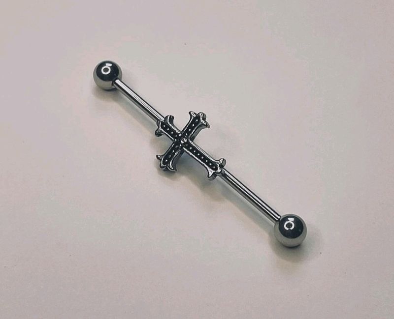 Chrome Cross Industrial/ barbell Earrings